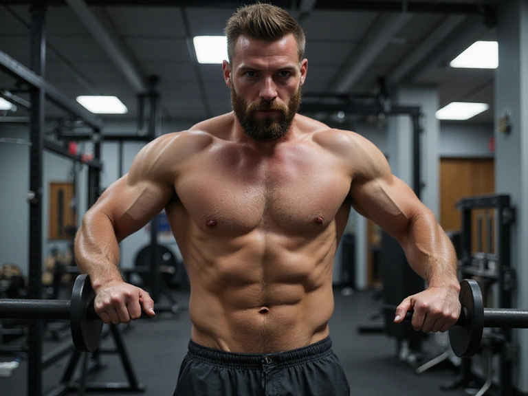 Hombre haciendo ejercicio de fuerza en el gimnasio, mostrando energía y determinación.