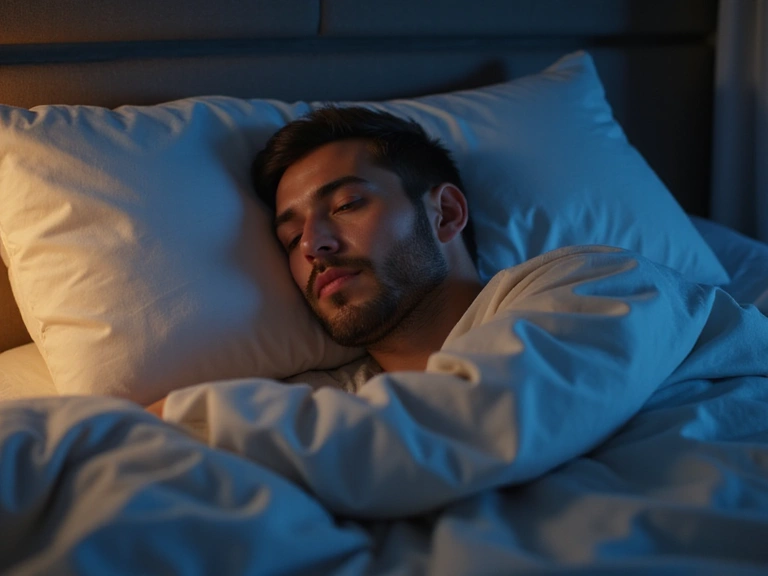 Hombre durmiendo profundamente en una cama cómoda, con una luz suave y relajante.