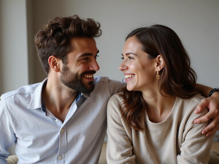 Pareja sonriendo y riendo juntos, transmitiendo conexión y apoyo emocional.