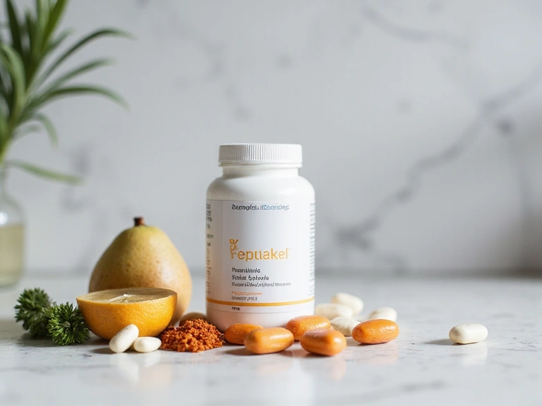 Suplementos nutricionales en un entorno limpio y profesional, con una etiqueta clara.