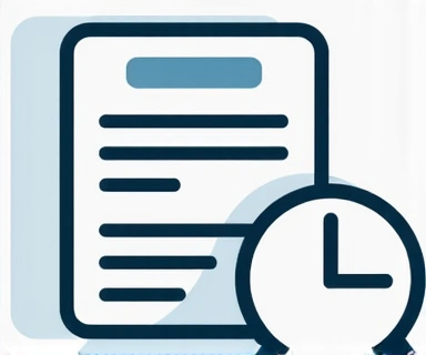 Icono que representa la actualización de una política o documento con un reloj y documentos.