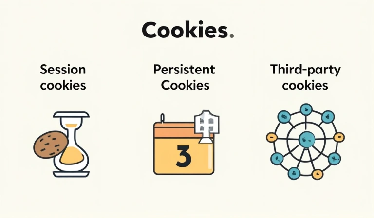 Representación visual de diferentes tipos de cookies, incluyendo cookies de sesión, persistentes y de terceros, con iconos que simbolizan su función.