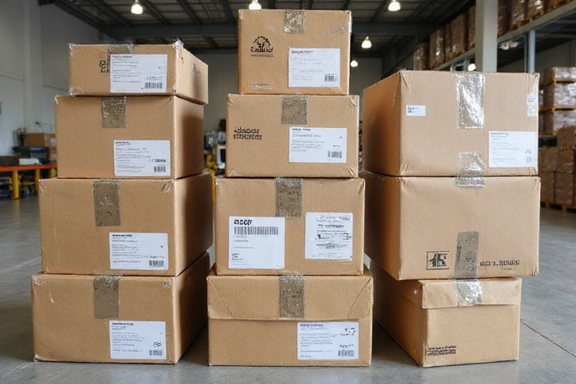 Paquetes de envío apilados listos para ser enviados