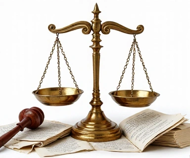 Ilustración de balanza de la justicia y documentos legales