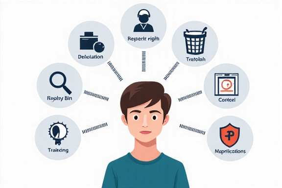 Ilustración de una persona con iconos de derechos de privacidad